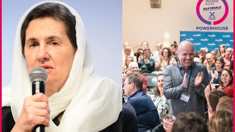 Left; Rula Ghani speaks into a microphone. Right; man claps in audience