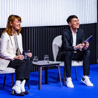 Moderator AC Coppens and Festival Director Tine Fisher at CPH:CONFERENCE studio