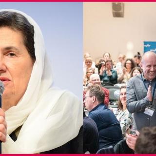 Left; Rula Ghani speaks into a microphone. Right; man claps in audience